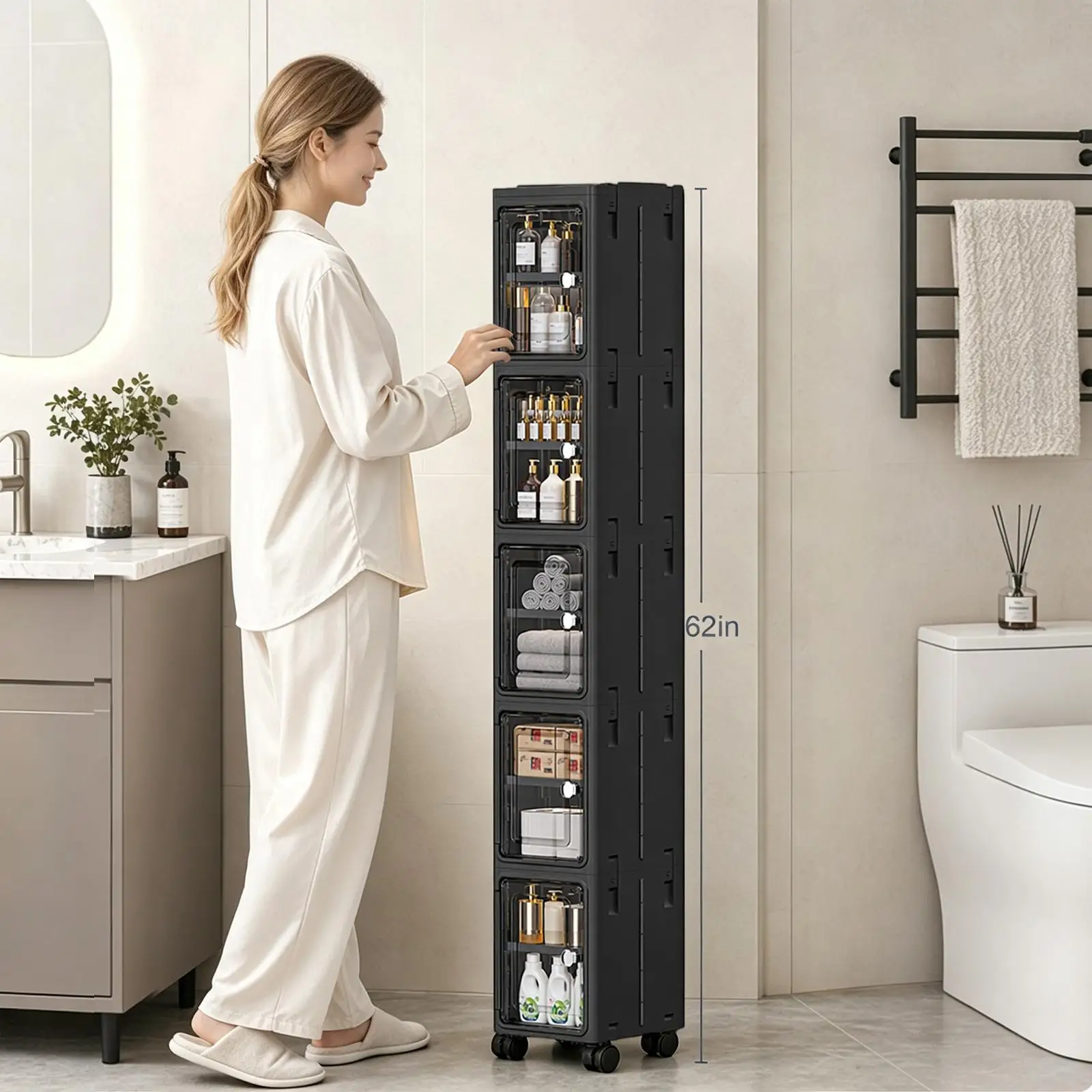 Kitchen Appliances Cabinet - 5-ярусный черный узкий передвижной шкаф для